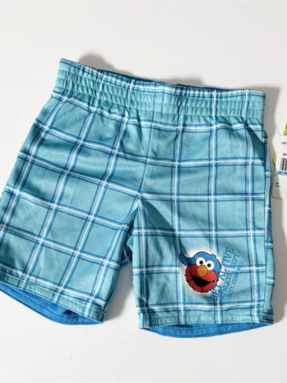 NWT Vintage Y2K Sears Sesame Street Elmo Patch Swim Trunks Plaid Blue Toddler 2T